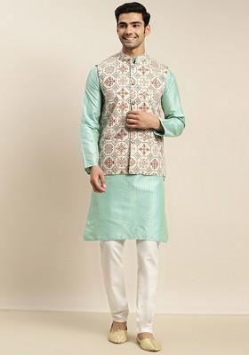 Sea Green Striped Poly Blend Kurta Set For Men