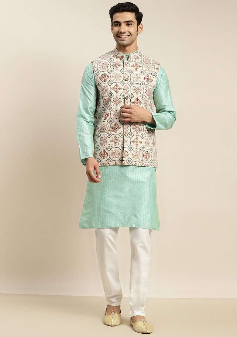 Sea Green Striped Poly Blend Kurta Set For Men - Indya
