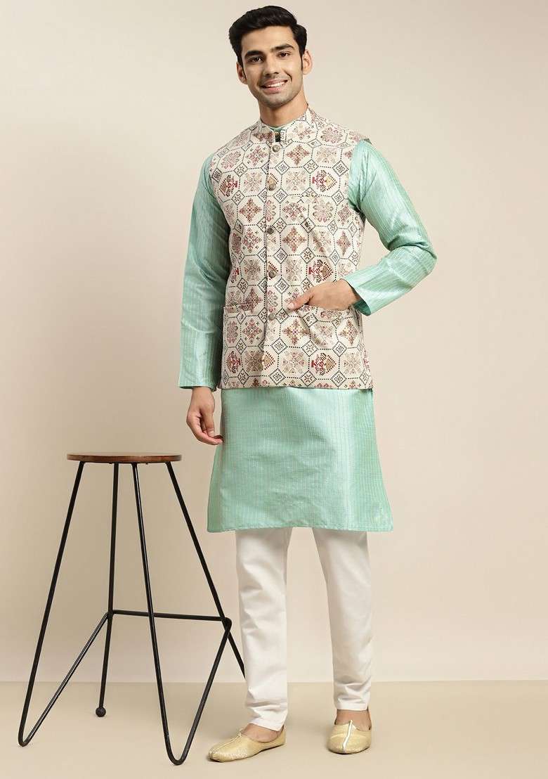 Sea Green Striped Poly Blend Kurta Set For Men - Indya