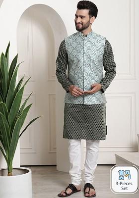 Green Woven Poly Blend Kurta Set For Men