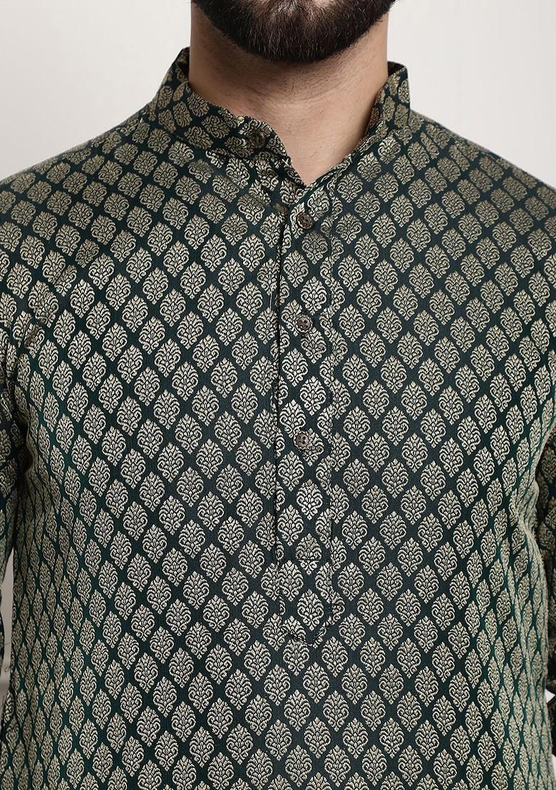 Green Woven Poly Blend Kurta Set For Men