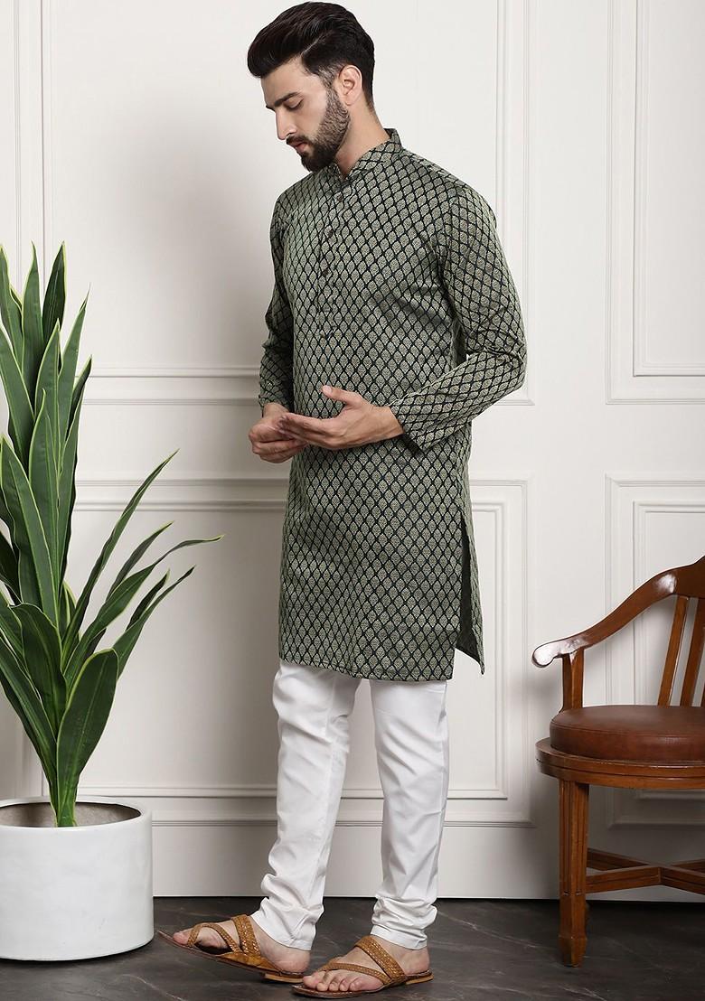 Green Woven Poly Blend Kurta Set For Men