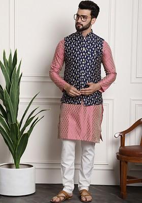 Pink Ethnic Motifs Poly Blend Kurta Set For Men