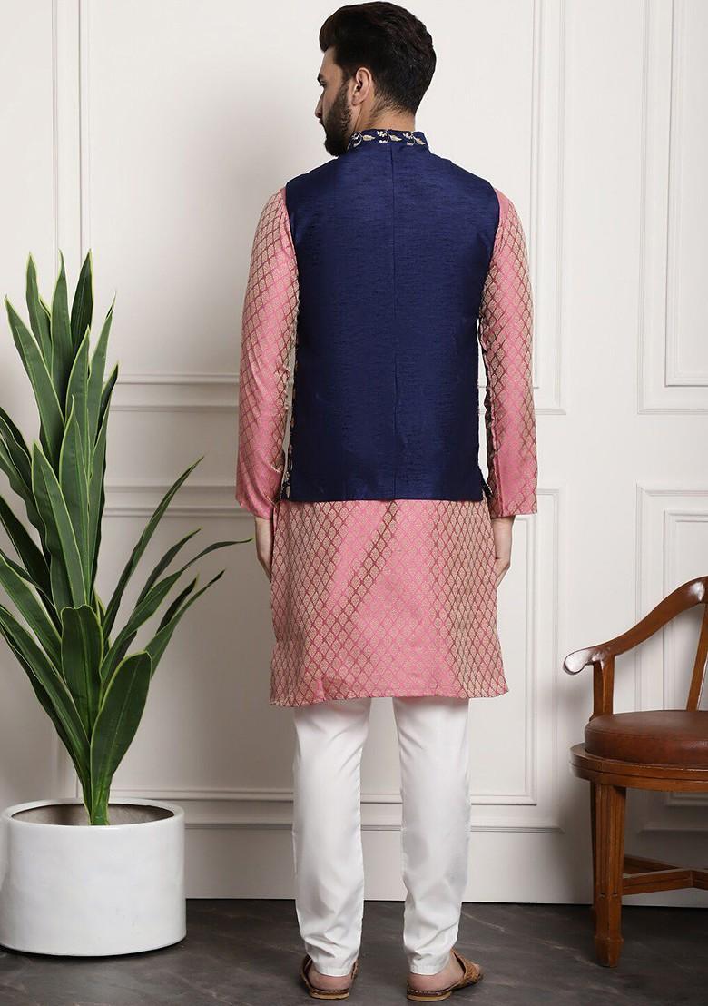 Pink Ethnic Motifs Poly Blend Kurta Set For Men