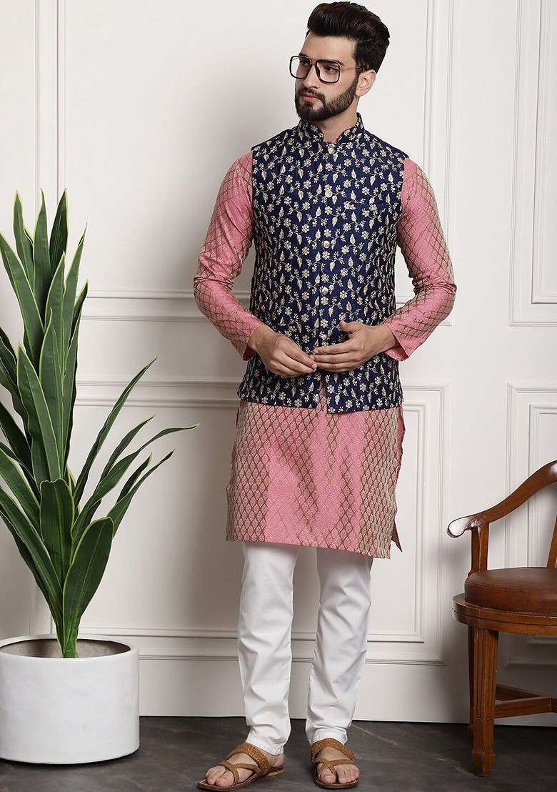 Pink Ethnic Motifs Poly Blend Kurta Set For Men - Indya