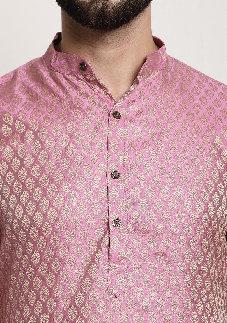 Pink Ethnic Motifs Poly Blend Kurta Set For Men