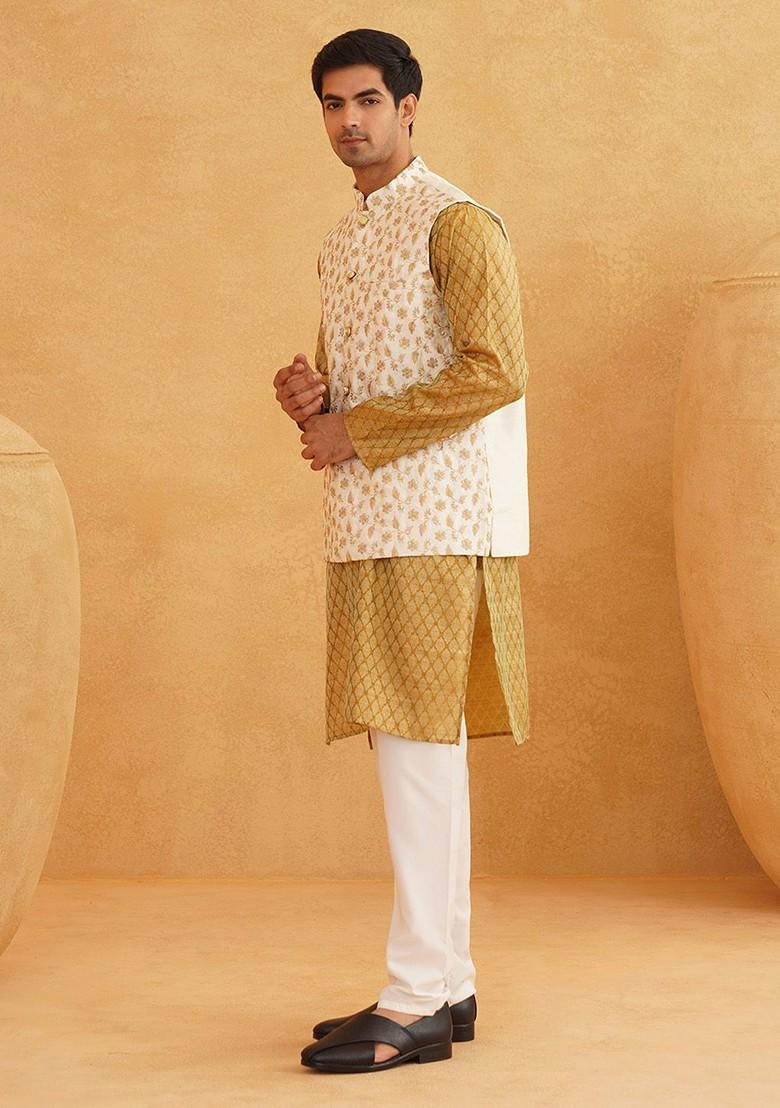 Mustard Ethnic Motifs Poly Blend Kurta Set For Men