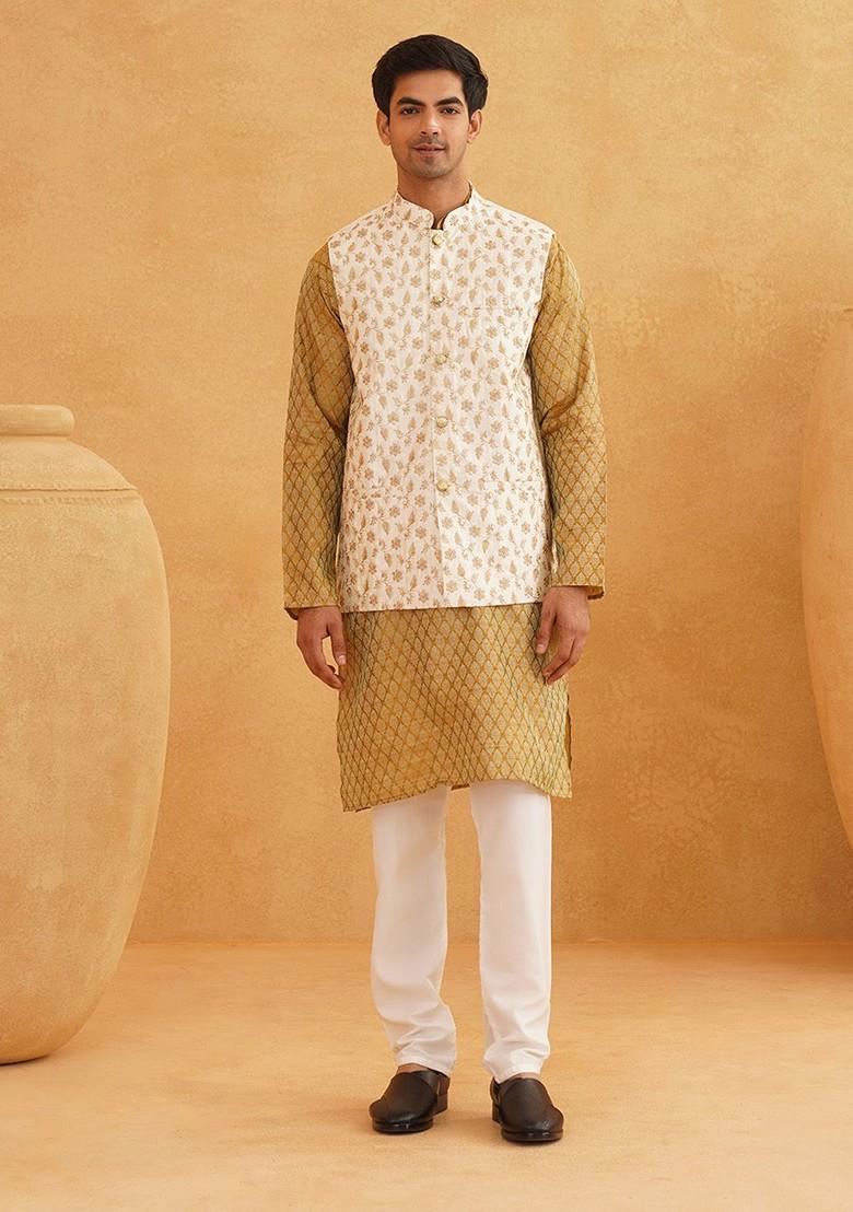 Mustard Ethnic Motifs Poly Blend Kurta Set For Men