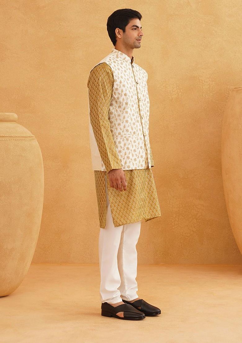 Mustard Ethnic Motifs Poly Blend Kurta Set For Men
