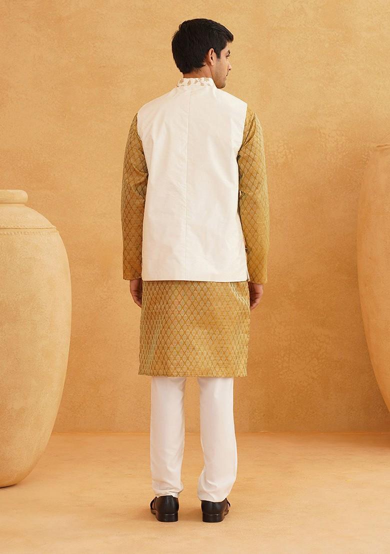 Mustard Ethnic Motifs Poly Blend Kurta Set For Men