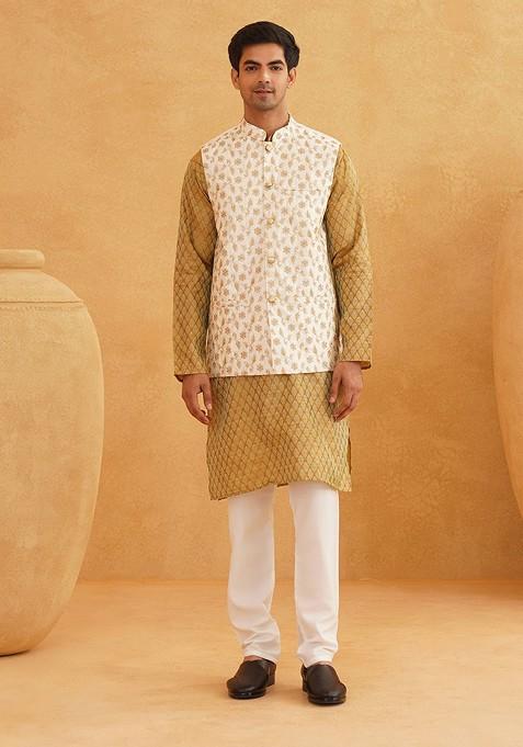Mustard Ethnic Motifs Poly Blend Kurta Set For Men