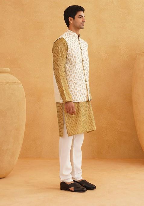 Mustard Ethnic Motifs Poly Blend Kurta Set For Men