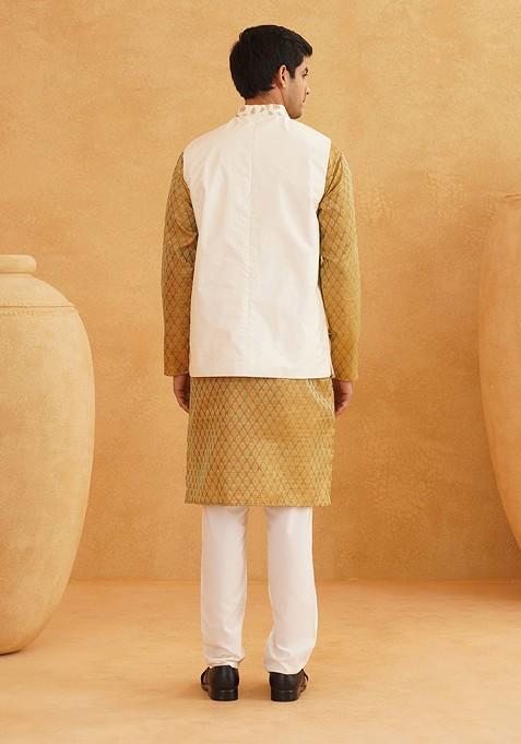 Mustard Ethnic Motifs Poly Blend Kurta Set For Men