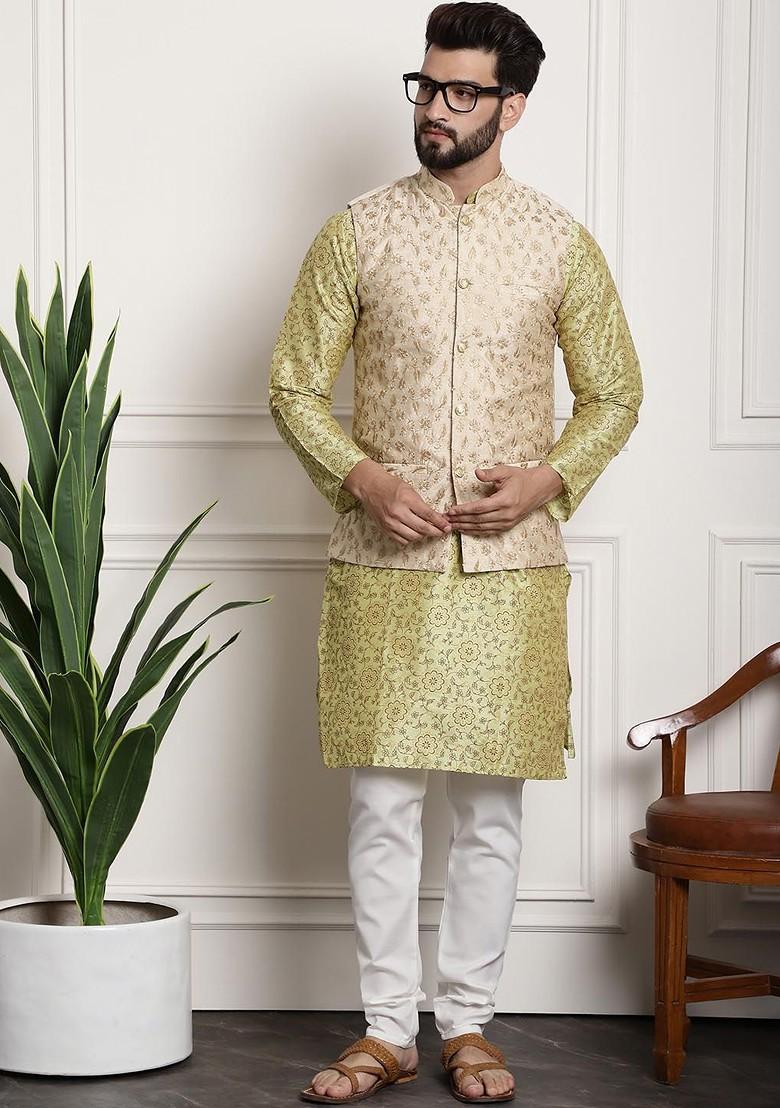 Lime Green Printed Poly Blend Kurta Set For Men