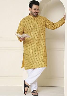 Mustard Ethnic Motifs Poly Blend Kurta Set For Men