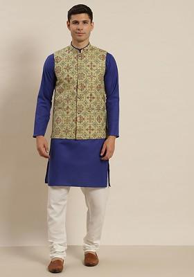 Blue Solid Cotton Kurta Set For Men