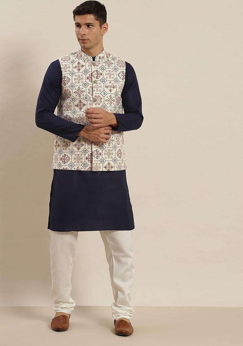 Navy Blue Printed Cotton Kurta Set For Men