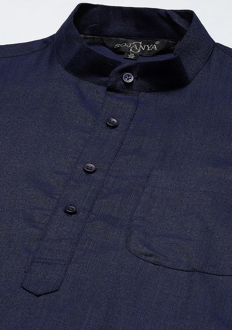 Navy Blue Printed Cotton Kurta Set For Men