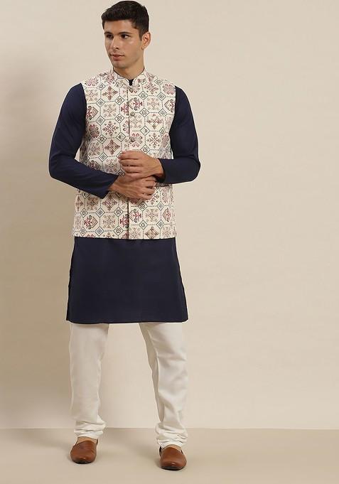 Navy Blue Printed Cotton Kurta Set For Men