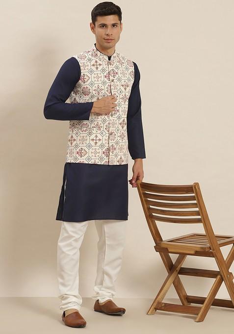 Navy Blue Printed Cotton Kurta Set For Men