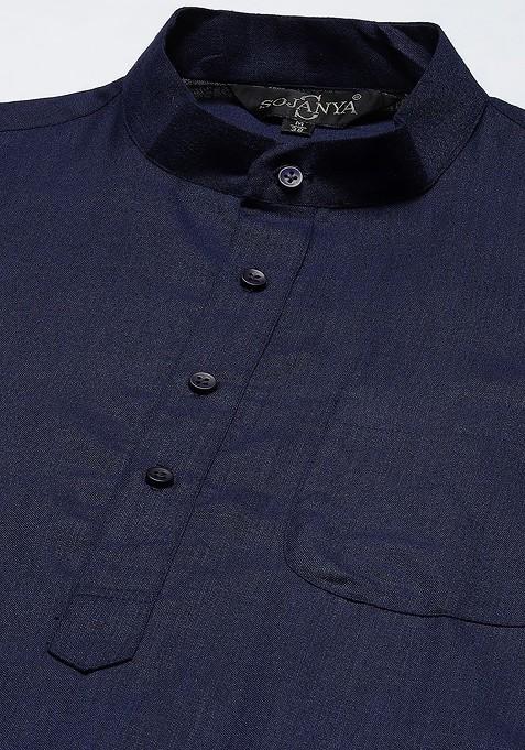 Navy Blue Printed Cotton Kurta Set For Men