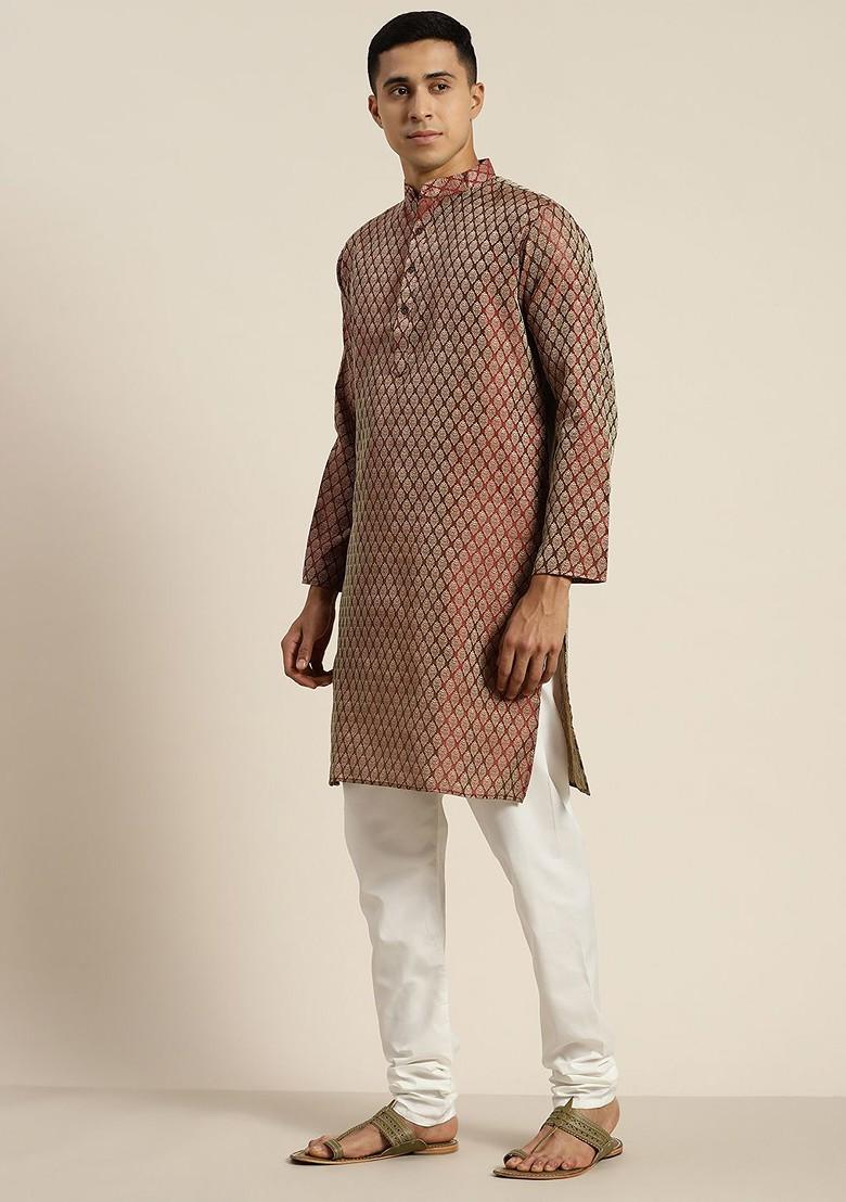 Maroon Ethnic Motifs Poly Blend Kurta Set For Men