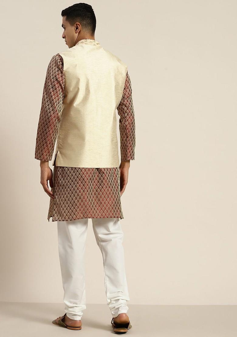 Maroon Ethnic Motifs Poly Blend Kurta Set For Men