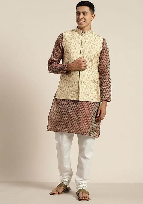 Maroon Ethnic Motifs Poly Blend Kurta Set For Men