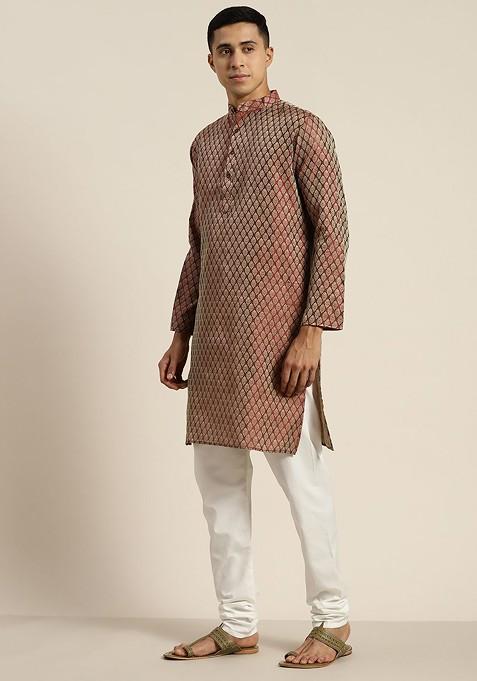 Maroon Ethnic Motifs Poly Blend Kurta Set For Men
