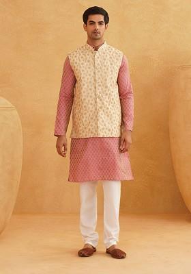 Pink Ethnic Motifs Poly Blend Kurta Set For Men