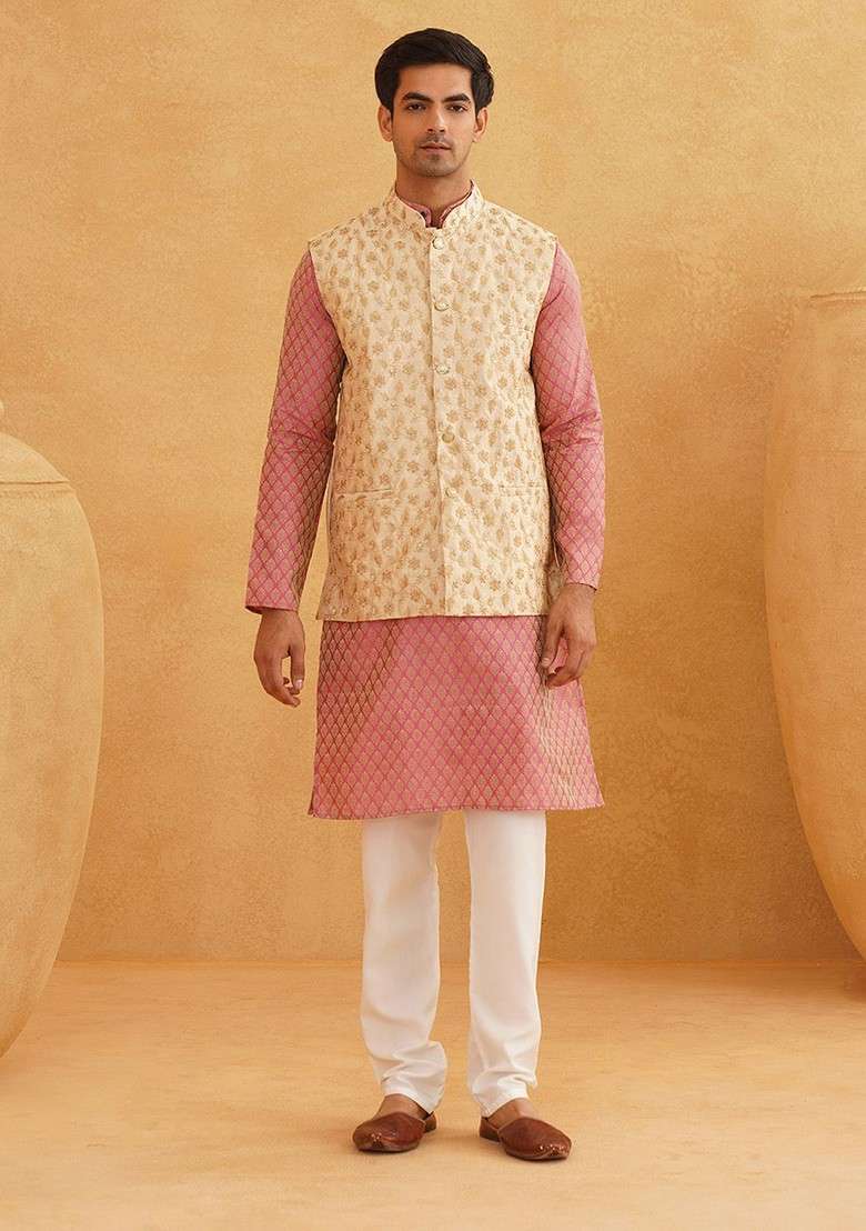 Pink Ethnic Motifs Poly Blend Kurta Set For Men - Indya