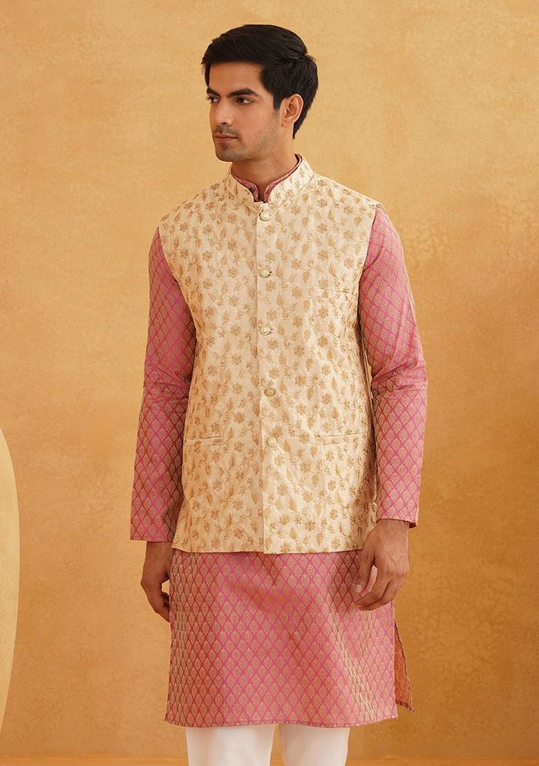 Pink Ethnic Motifs Poly Blend Kurta Set For Men