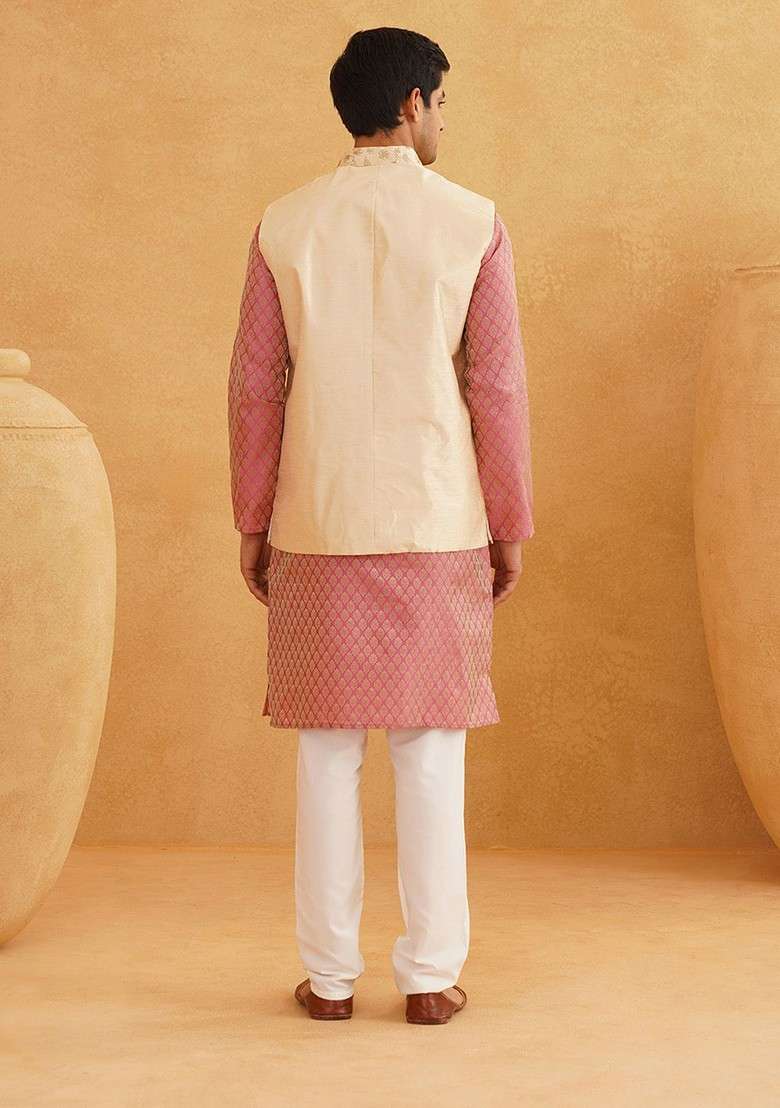 Pink Ethnic Motifs Poly Blend Kurta Set For Men - Indya