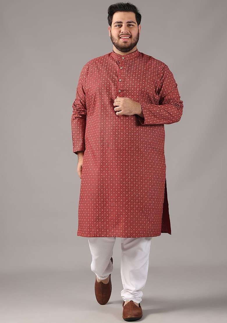 Maroon Ethnic Motifs Cotton Kurta Set For Men - Indya