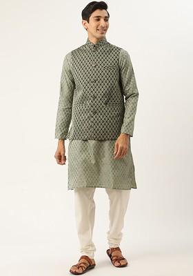Green Ethnic Motifs Poly Blend Kurta Set For Men