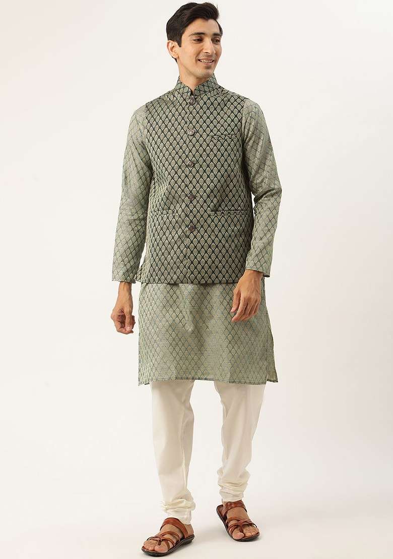 Green Ethnic Motifs Poly Blend Kurta Set For Men - Indya