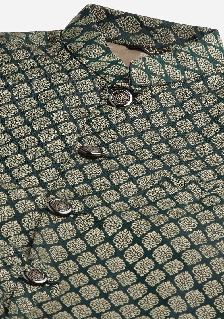 Green Ethnic Motifs Poly Blend Kurta Set For Men - Indya