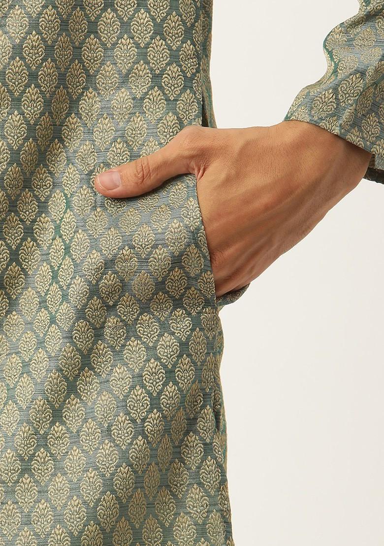 Green Ethnic Motifs Poly Blend Kurta Set For Men