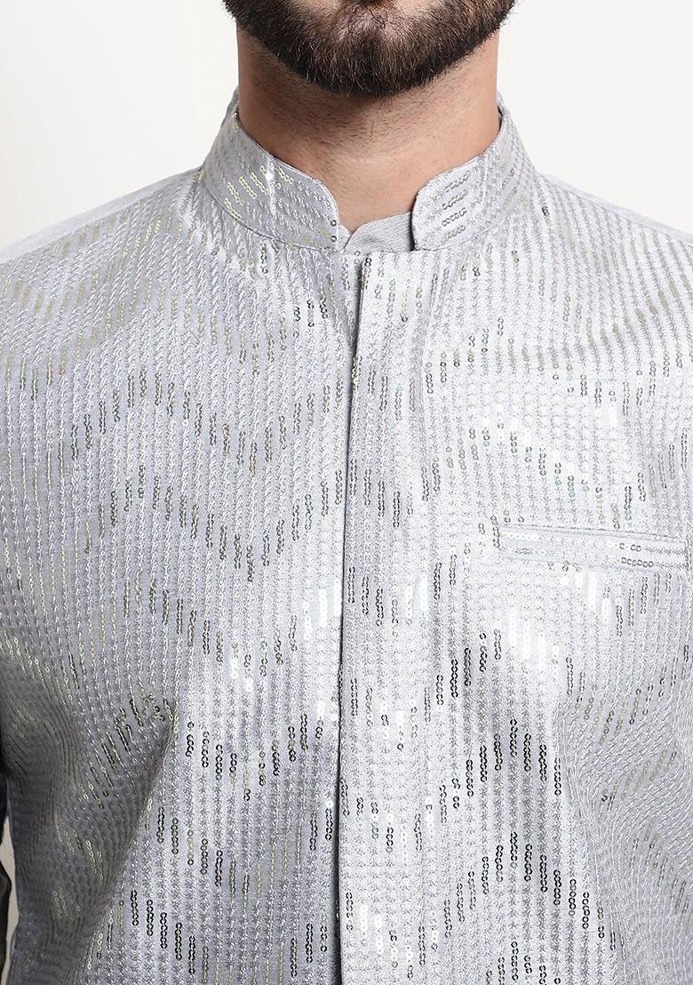 Grey Solid Poly Blend Kurta Set For Men
