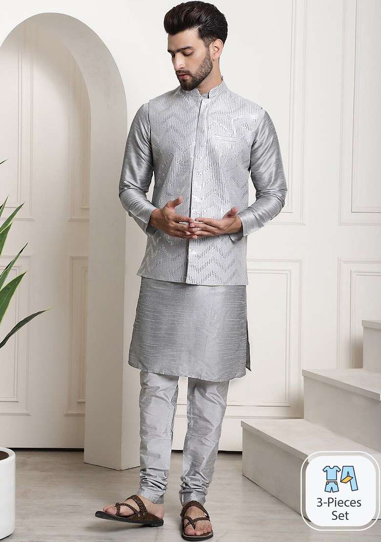 Grey Solid Poly Blend Kurta Set For Men - Indya