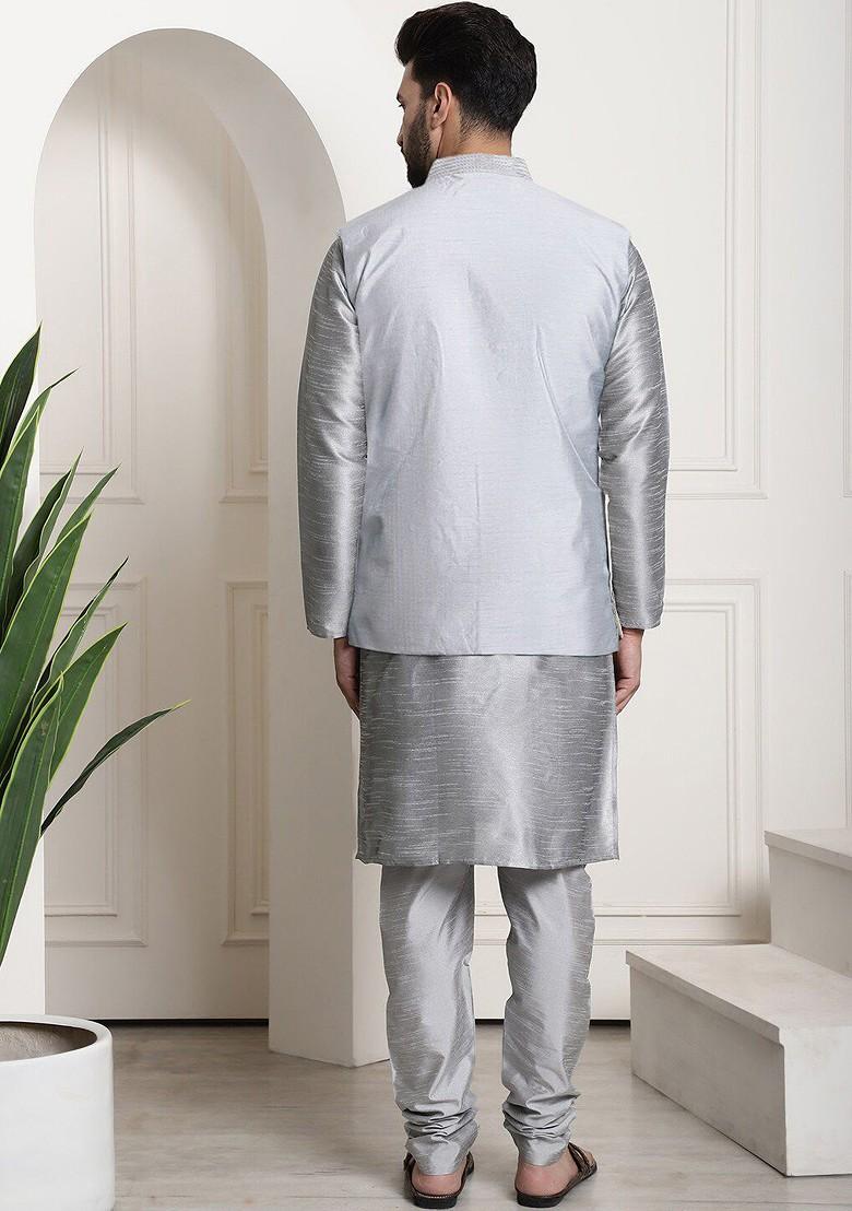 Grey Solid Poly Blend Kurta Set For Men