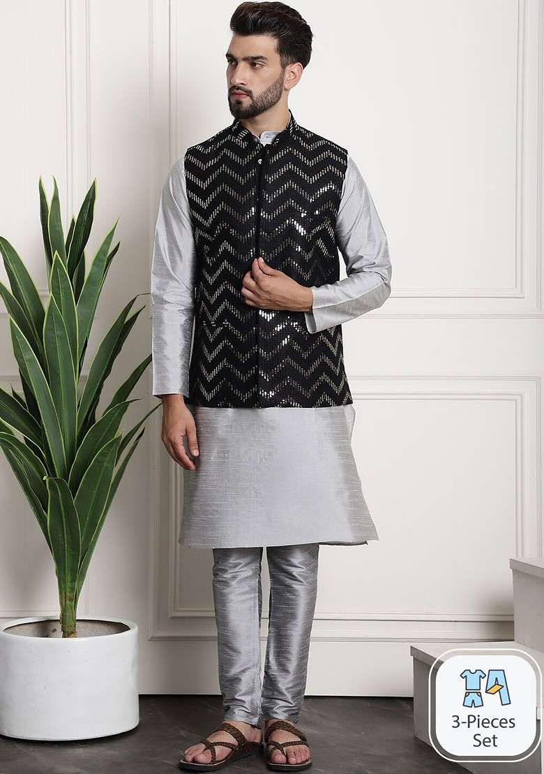 Grey Embellished Poly Blend Kurta Set For Men - Indya