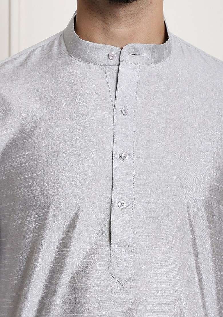 Grey Embellished Poly Blend Kurta Set For Men - Indya