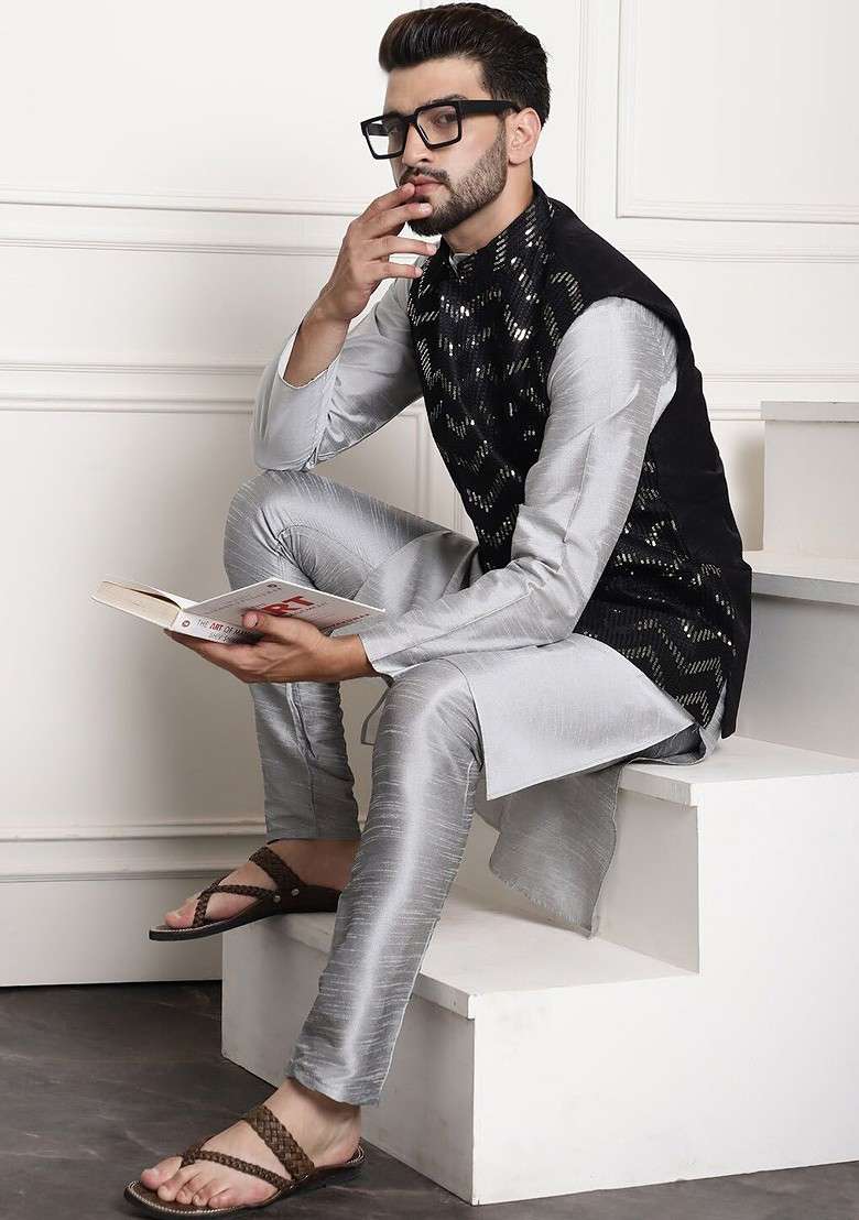 Grey Embellished Poly Blend Kurta Set For Men - Indya