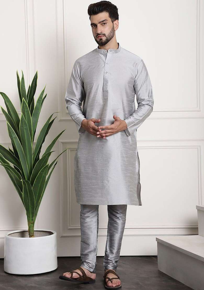 Grey Embellished Poly Blend Kurta Set For Men - Indya