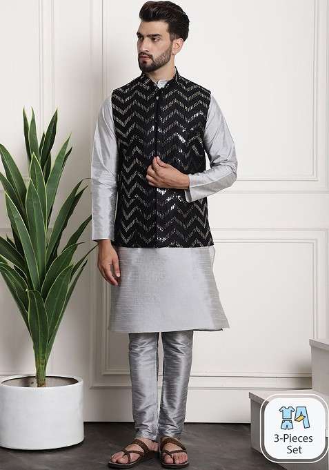 Grey Embellished Poly Blend Kurta Set For Men