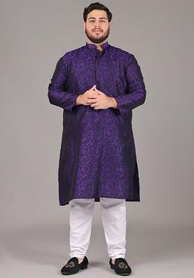 Purple Woven Poly Blend Kurta Set For Men