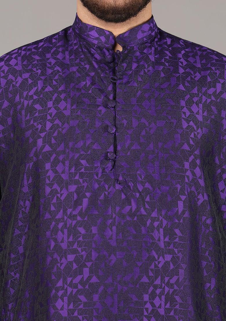 Purple Woven Poly Blend Kurta Set For Men