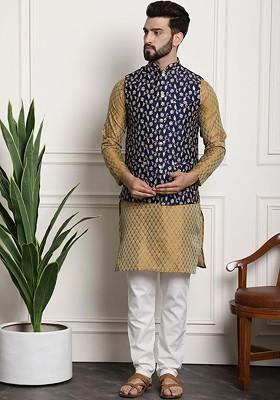 Mustard Woven Poly Blend Kurta Set For Men