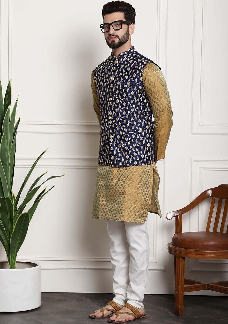 Mustard Woven Poly Blend Kurta Set For Men